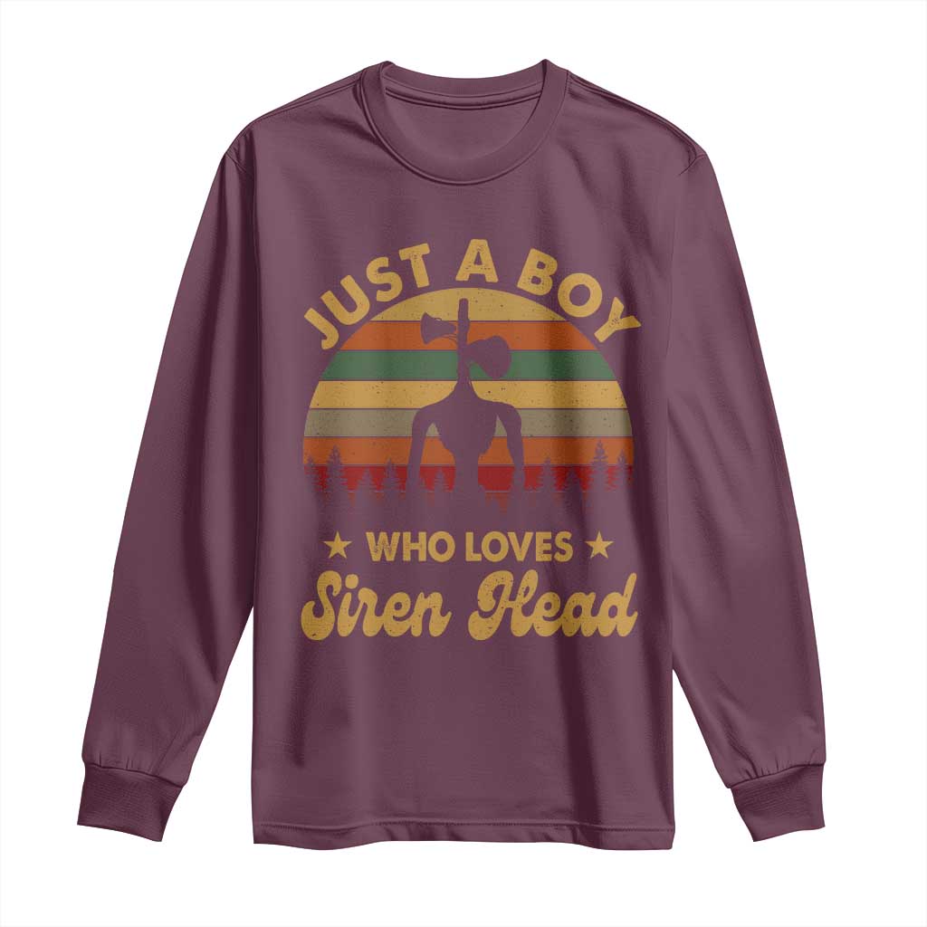 Funny Just A Boy Who Loves Siren Head Long Sleeve Shirt Supernatural Cryptid Retro Monster TS11 Maroon Print Your Wear
