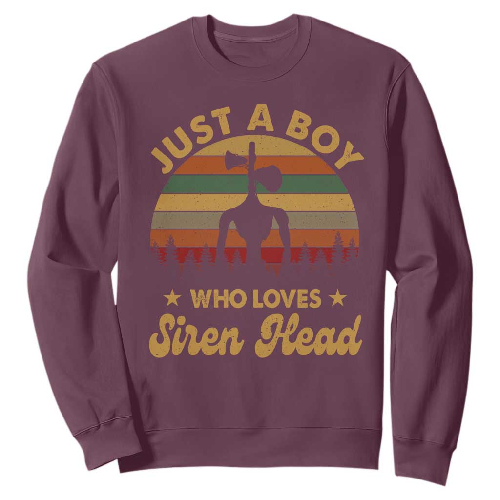 Funny Just A Boy Who Loves Siren Head Sweatshirt Supernatural Cryptid Retro Monster TS11 Maroon Print Your Wear