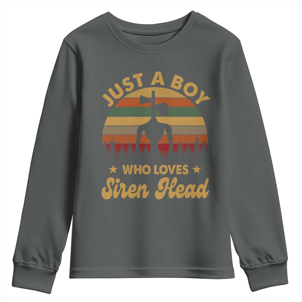 Funny Just A Boy Who Loves Siren Head Youth Sweatshirt Supernatural Cryptid Retro Monster TS11 Dark Heather Print Your Wear