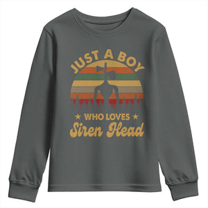Funny Just A Boy Who Loves Siren Head Youth Sweatshirt Supernatural Cryptid Retro Monster TS11 Dark Heather Print Your Wear