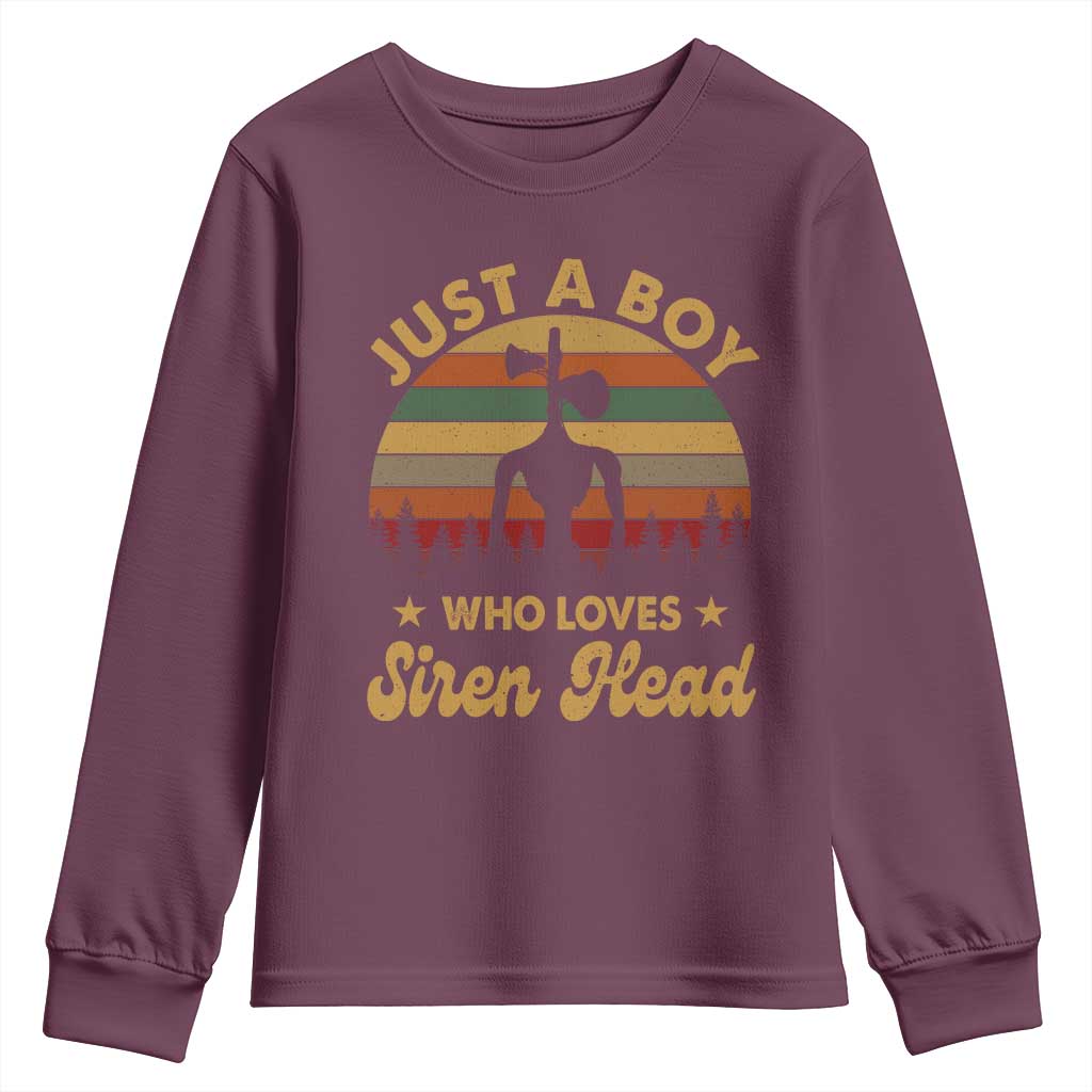Funny Just A Boy Who Loves Siren Head Youth Sweatshirt Supernatural Cryptid Retro Monster TS11 Maroon Print Your Wear