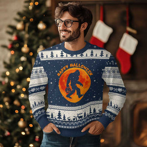 Funny Halloween Bigfoot Ugly Christmas Sweater Sasquatch Full Moon Jack O Lantern TS11 Navy Beige Print Your Wear