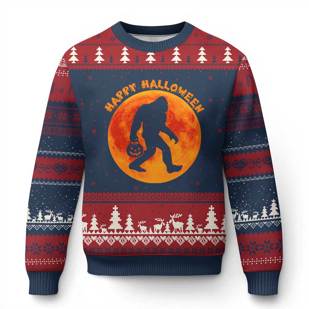 Funny Halloween Bigfoot Ugly Christmas Sweater Sasquatch Full Moon Jack O Lantern - Print Your Wear