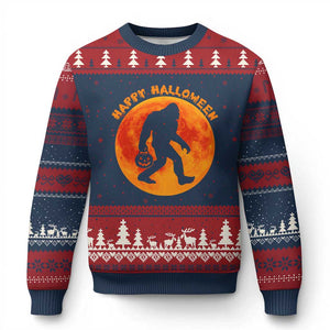 Funny Halloween Bigfoot Ugly Christmas Sweater Sasquatch Full Moon Jack O Lantern TS11 Navy Red Print Your Wear