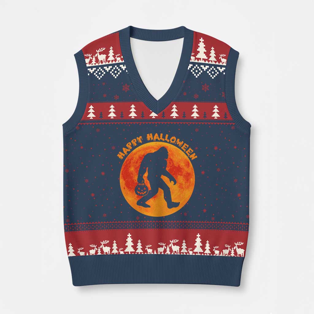 Funny Halloween Bigfoot V-Neck Knit Sweater Vest Sasquatch Full Moon Jack O Lantern TS11 Navy Red Print Your Wear