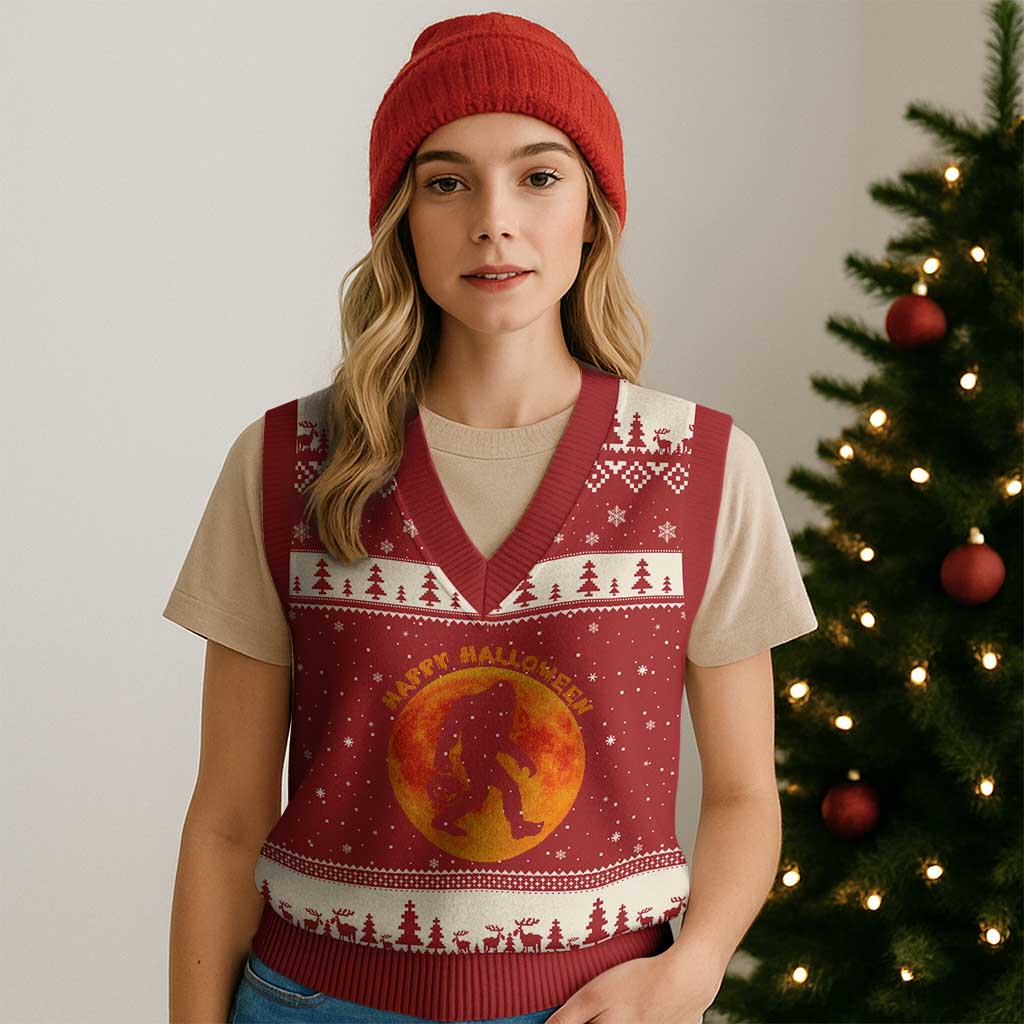 Funny Halloween Bigfoot V-Neck Knit Sweater Vest Sasquatch Full Moon Jack O Lantern TS11 Red Beige Print Your Wear