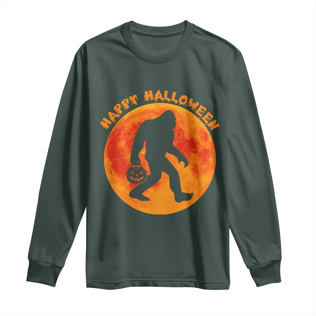 Funny Halloween Bigfoot Long Sleeve Shirt Sasquatch Full Moon Jack O Lantern TS11 Dark Forest Green Print Your Wear