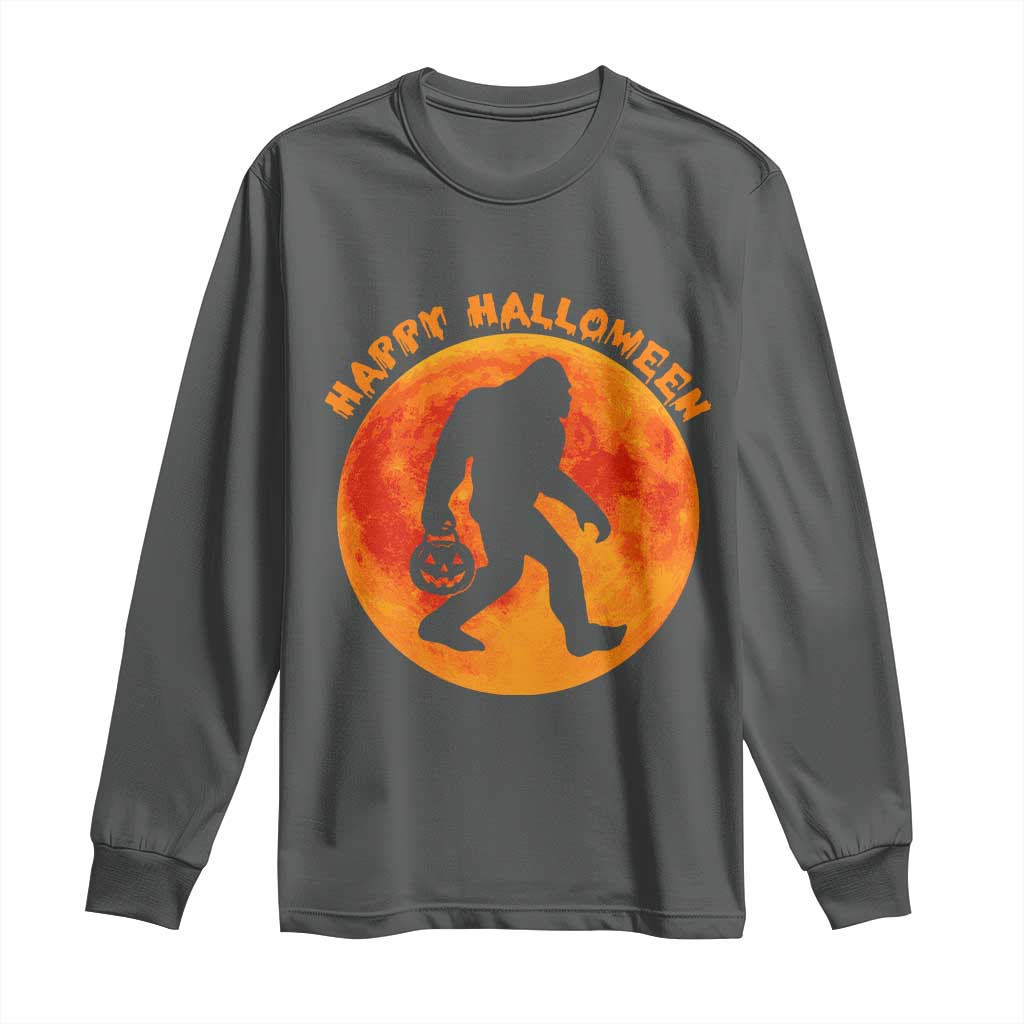 Funny Halloween Bigfoot Long Sleeve Shirt Sasquatch Full Moon Jack O Lantern TS11 Dark Heather Print Your Wear