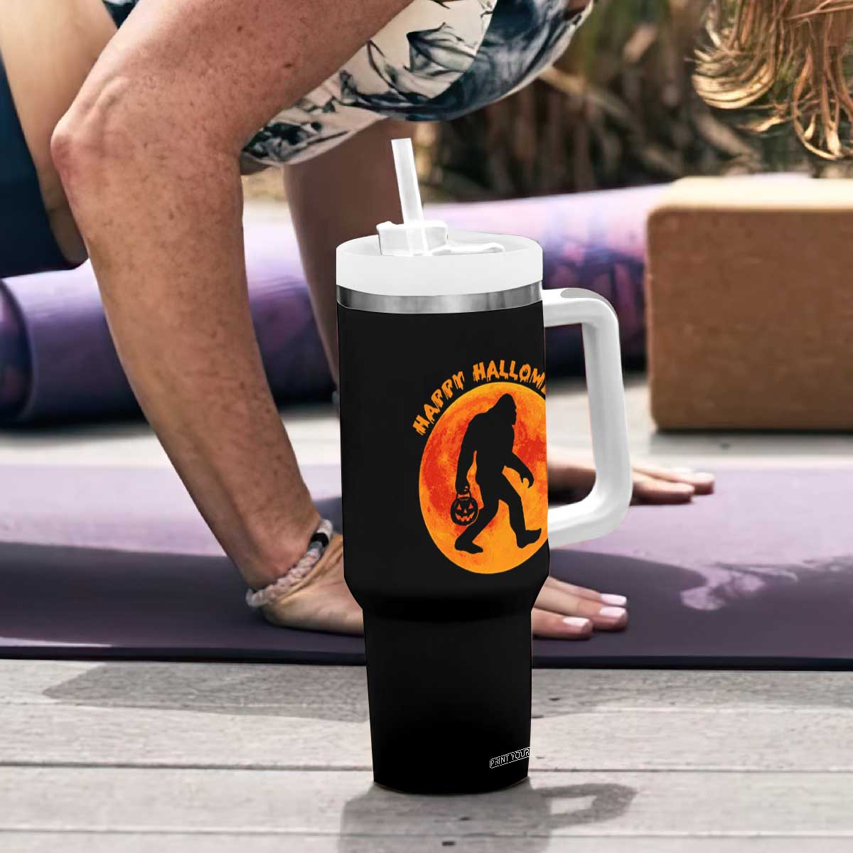 Funny Halloween Bigfoot Tumbler With Handle Sasquatch Full Moon Jack O Lantern TS11 Print Your Wear