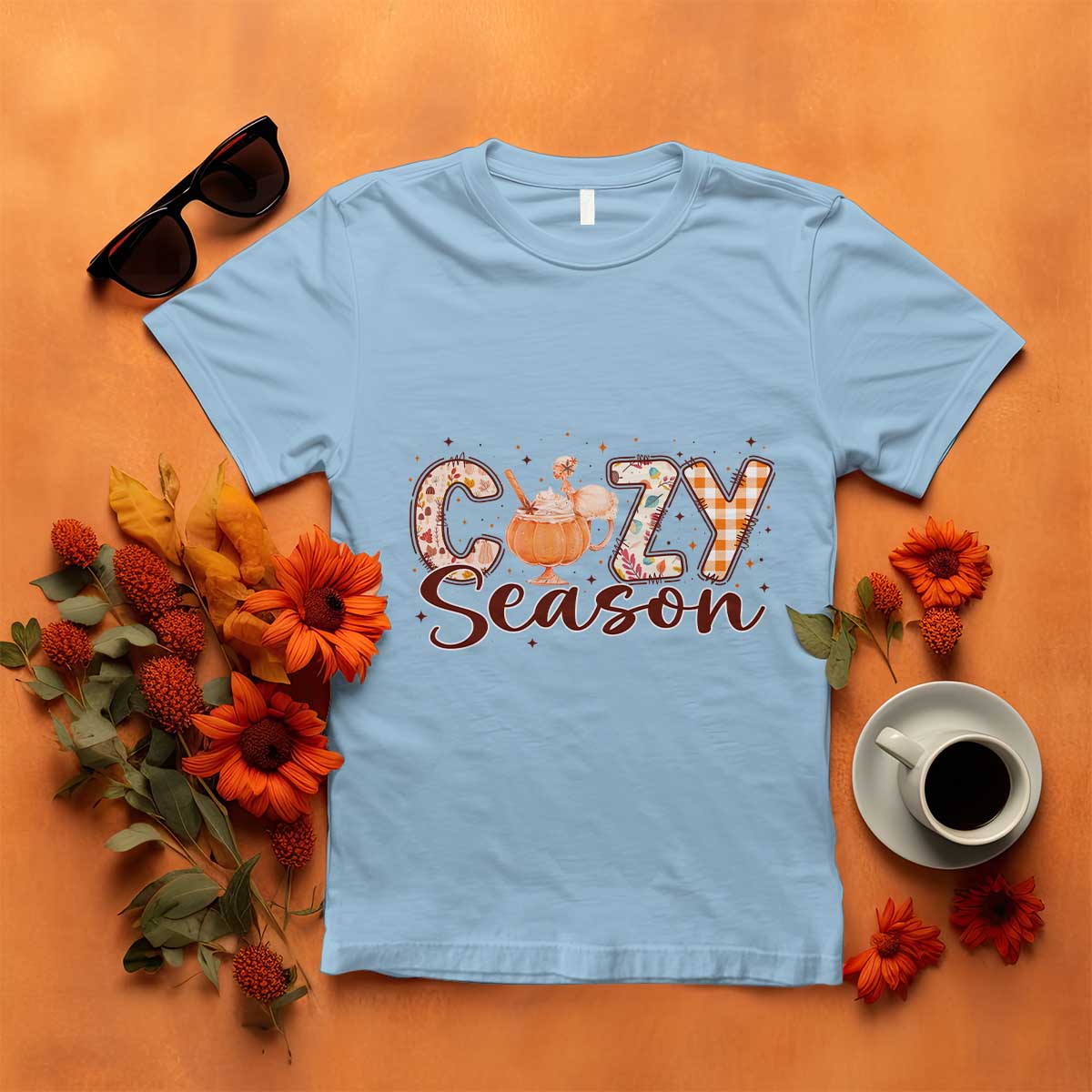 Cozy Season Thanksgiving T Shirt Autumn Pumpkin Spice Latte TS11 Light Blue Print Your Wear