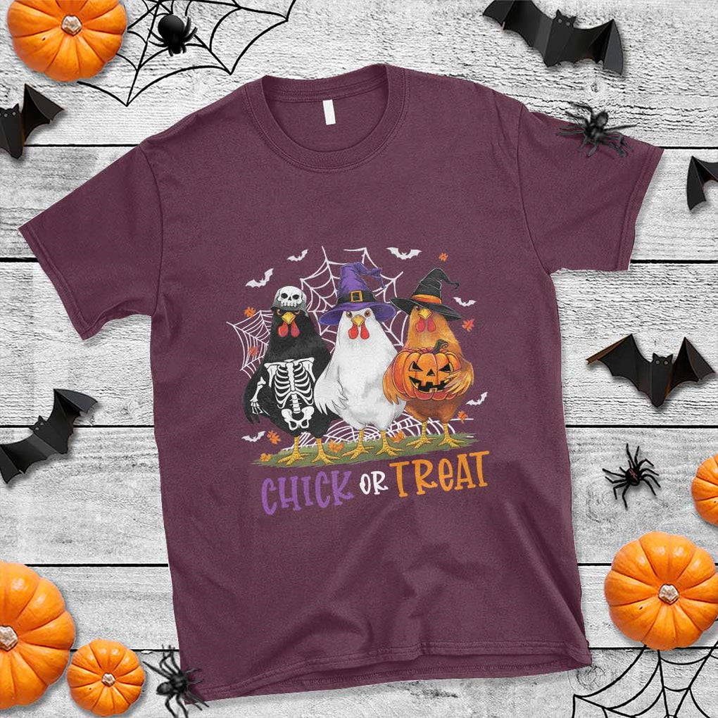 Funny Halloween T Shirt Chick Or Treat Chicken Farm Witches Skeleton TS11 Maroon Print Your Wear