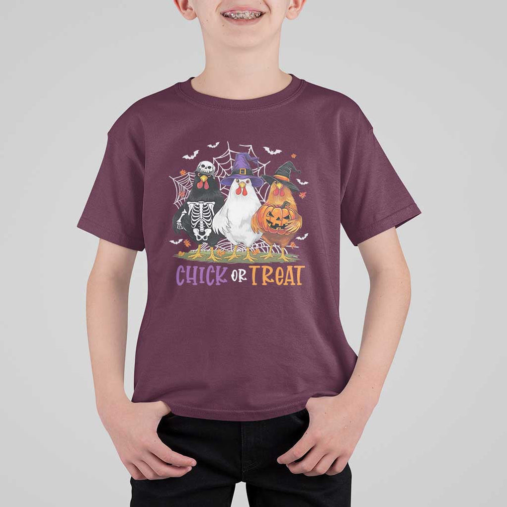 Funny Halloween T Shirt For Kid Chick Or Treat Chicken Farm Witches Skeleton TS11 Maroon Print Your Wear