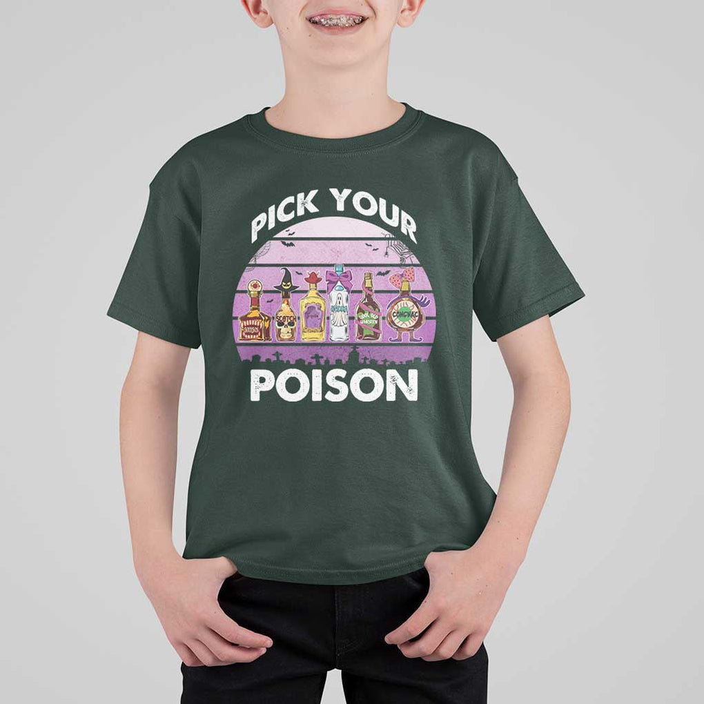 Funny Halloween T Shirt For Kid Pick Your Poison Wine Bottles Witch TS11 Dark Forest Green Print Your Wear
