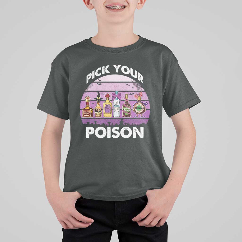 Funny Halloween T Shirt For Kid Pick Your Poison Wine Bottles Witch TS11 Dark Heather Print Your Wear