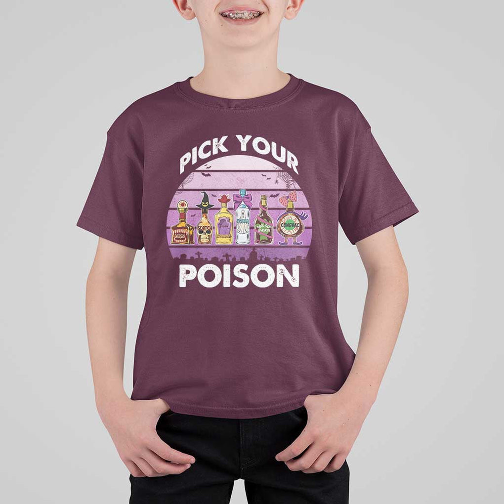 Funny Halloween T Shirt For Kid Pick Your Poison Wine Bottles Witch TS11 Maroon Print Your Wear