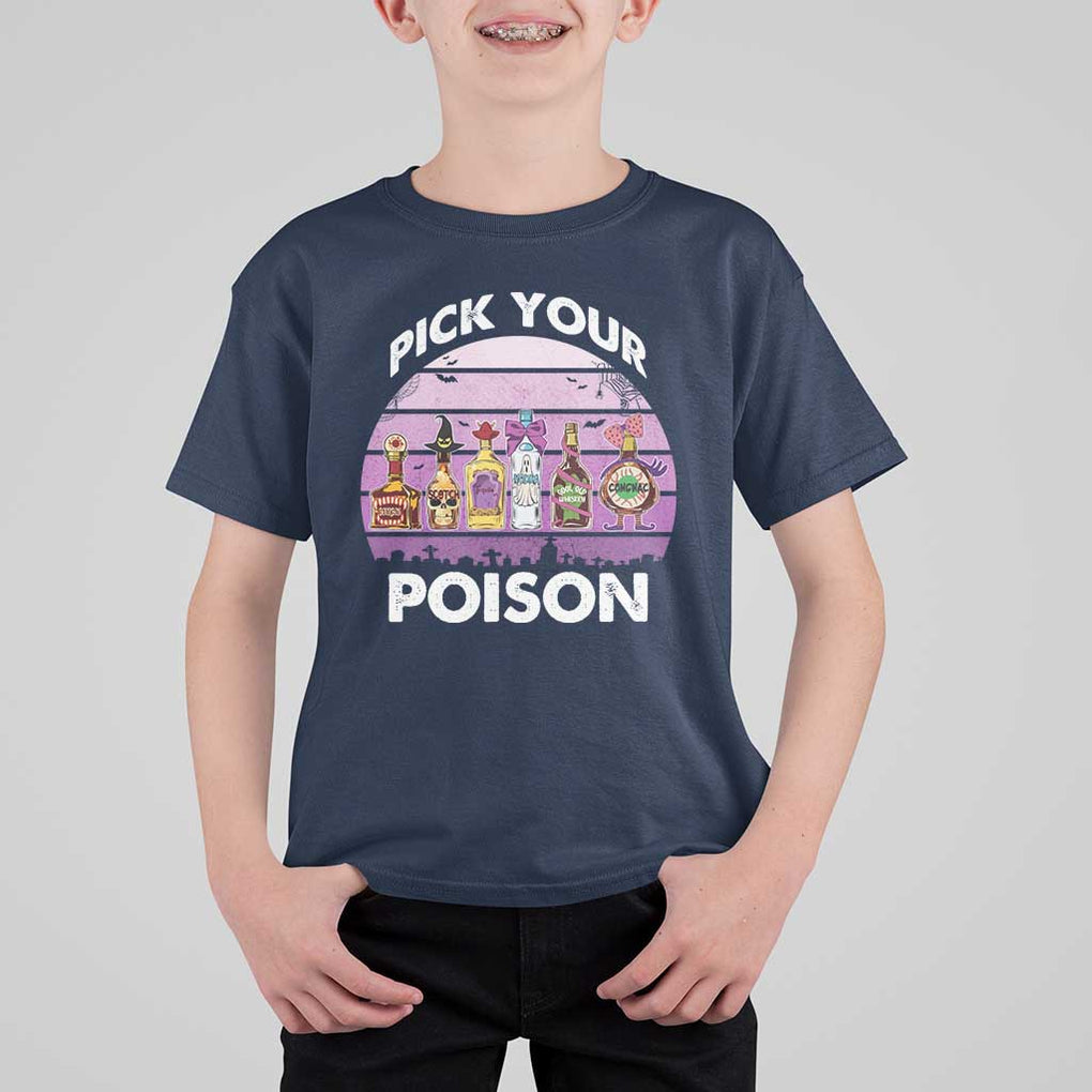 Funny Halloween T Shirt For Kid Pick Your Poison Wine Bottles Witch TS11 Navy Print Your Wear