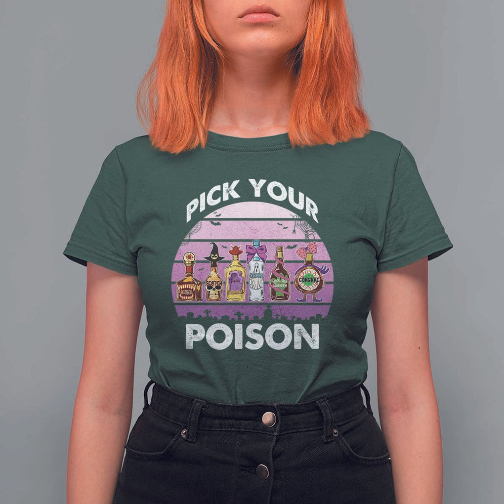 Funny Halloween T Shirt For Women Pick Your Poison Wine Bottles Witch TS11 Dark Forest Green Print Your Wear