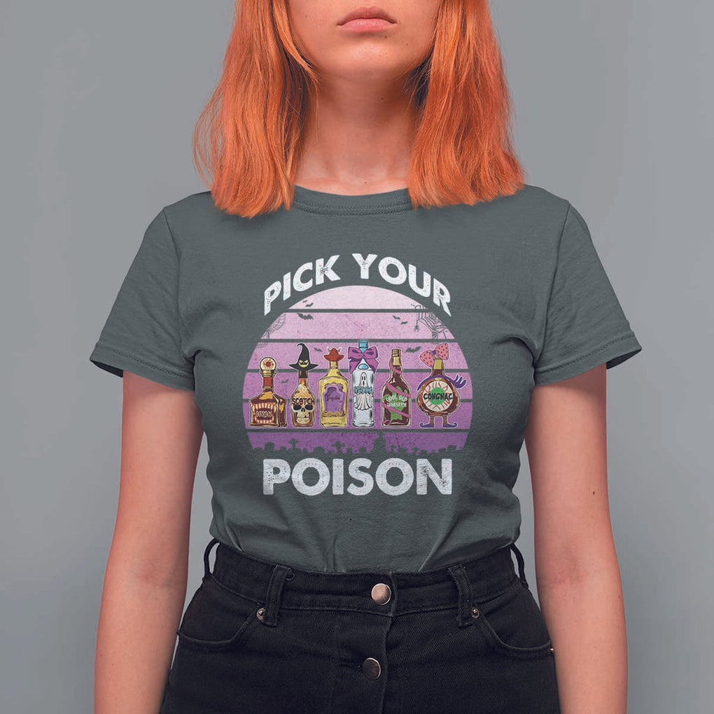 Funny Halloween T Shirt For Women Pick Your Poison Wine Bottles Witch TS11 Dark Heather Print Your Wear