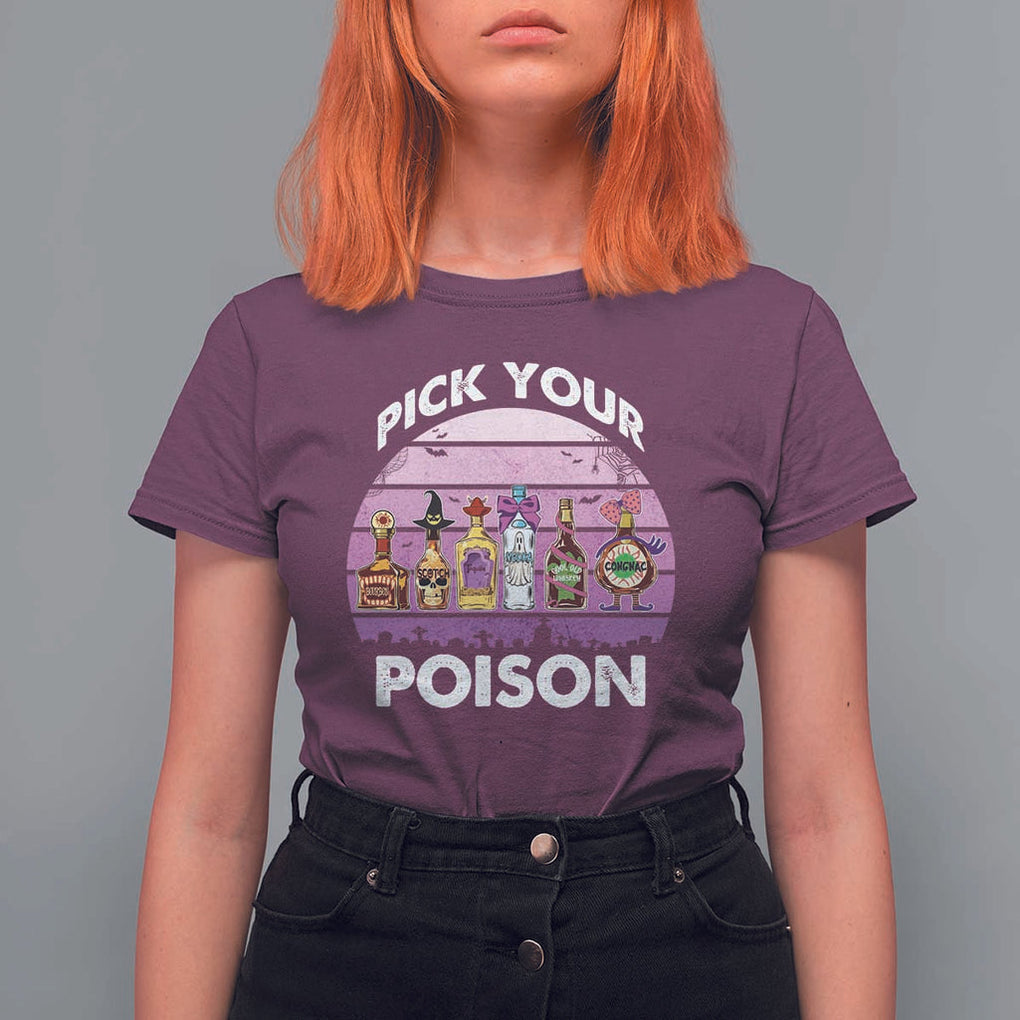 Funny Halloween T Shirt For Women Pick Your Poison Wine Bottles Witch TS11 Maroon Print Your Wear
