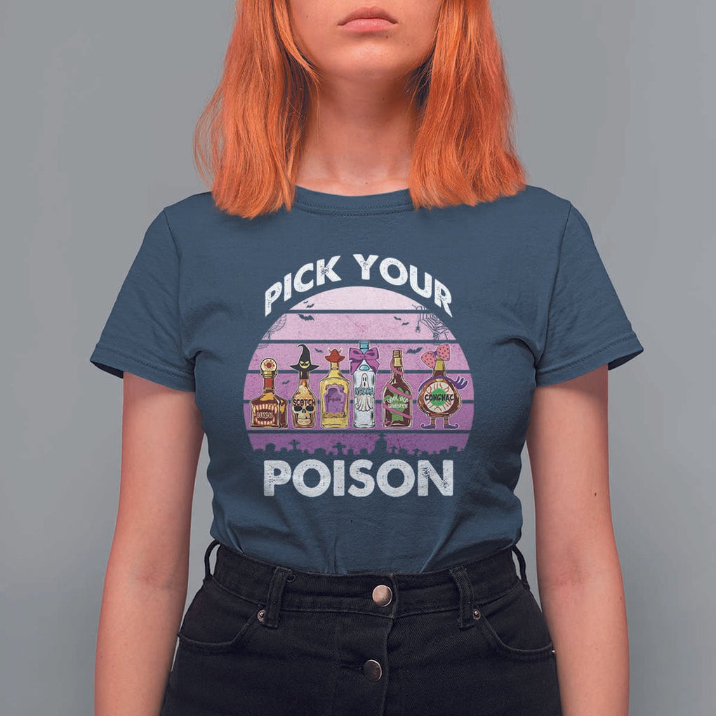 Funny Halloween T Shirt For Women Pick Your Poison Wine Bottles Witch TS11 Navy Print Your Wear