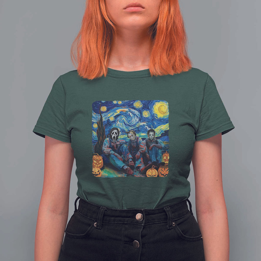 Halloween T Shirt For Women Scary Murderers Starry Night Pumpkin Vincent Van Gogh TS11 Dark Forest Green Print Your Wear