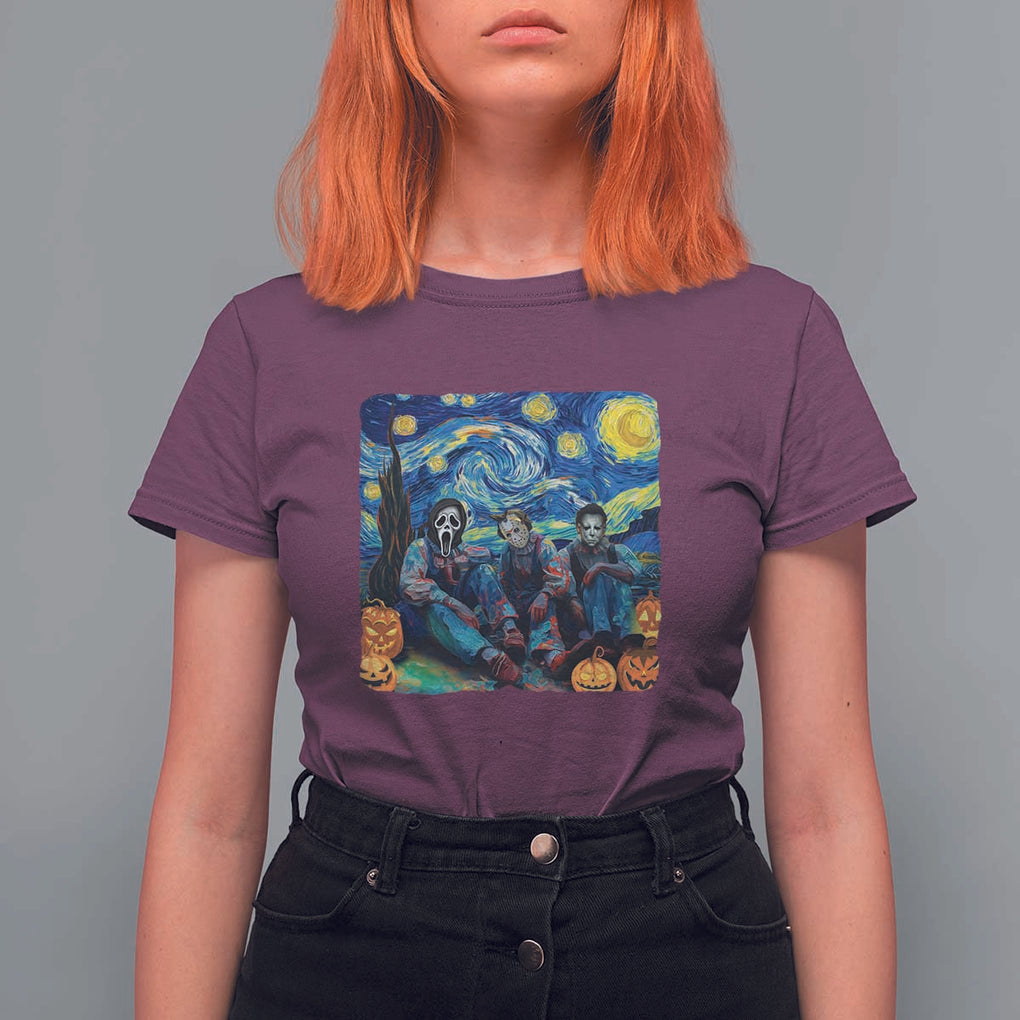 Halloween T Shirt For Women Scary Murderers Starry Night Pumpkin Vincent Van Gogh TS11 Maroon Print Your Wear