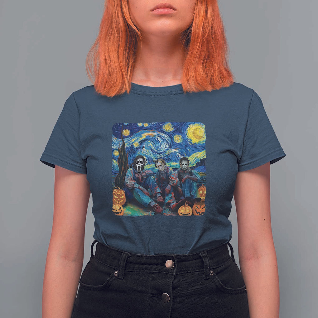 Halloween T Shirt For Women Scary Murderers Starry Night Pumpkin Vincent Van Gogh TS11 Navy Print Your Wear