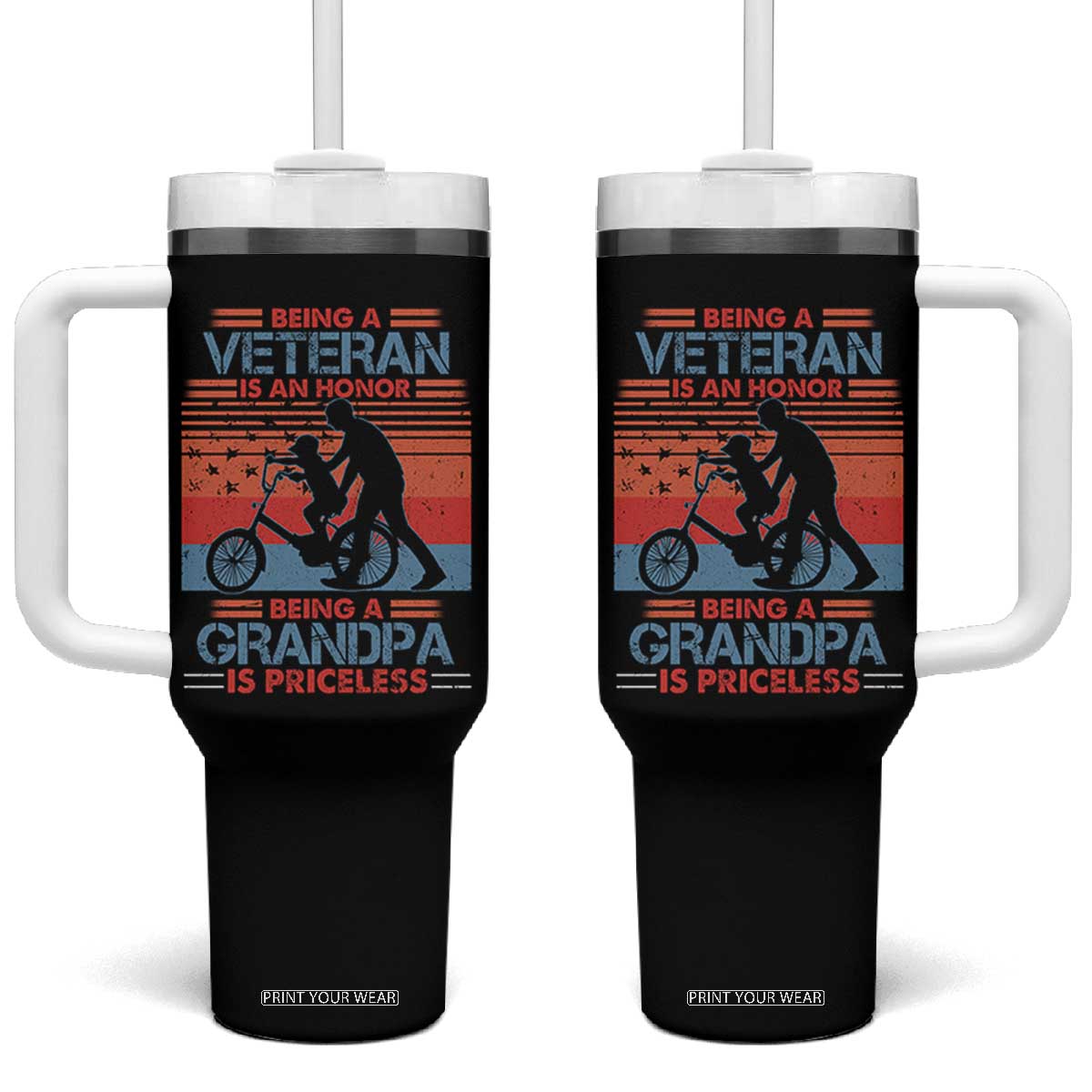 Veteran Grandpa Tumbler With Handle Being A Veteran Is An Honor Being A Grandpa Is Priceless TS11 One Size: 40 oz Black Print Your Wear