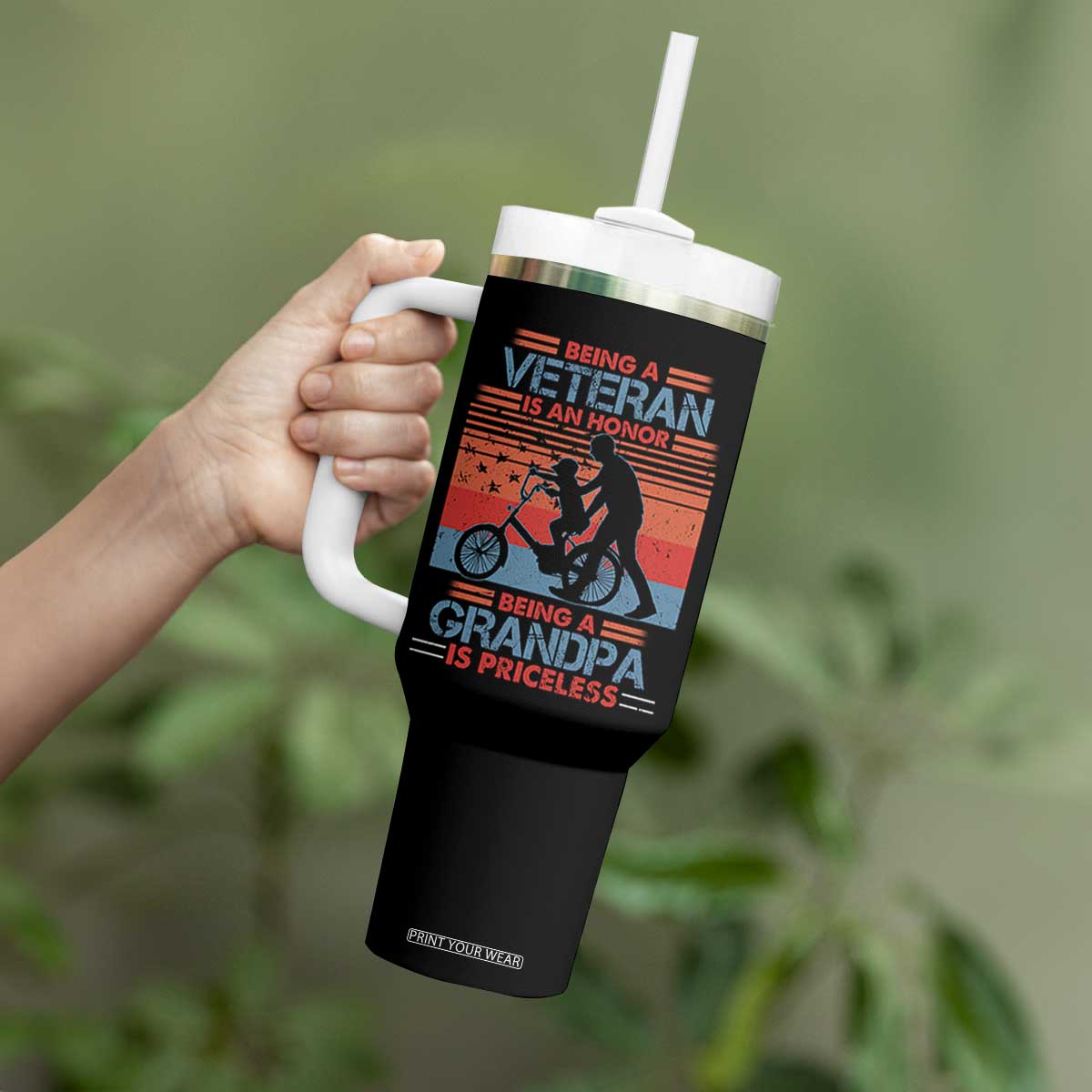 Veteran Grandpa Tumbler With Handle Being A Veteran Is An Honor Being A Grandpa Is Priceless TS11 Print Your Wear