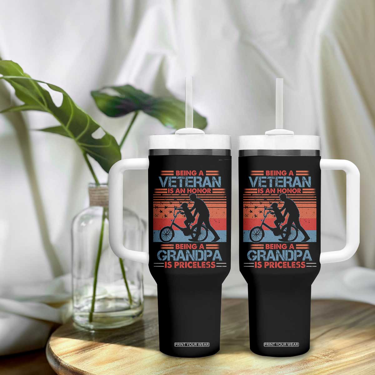 Veteran Grandpa Tumbler With Handle Being A Veteran Is An Honor Being A Grandpa Is Priceless TS11 Print Your Wear