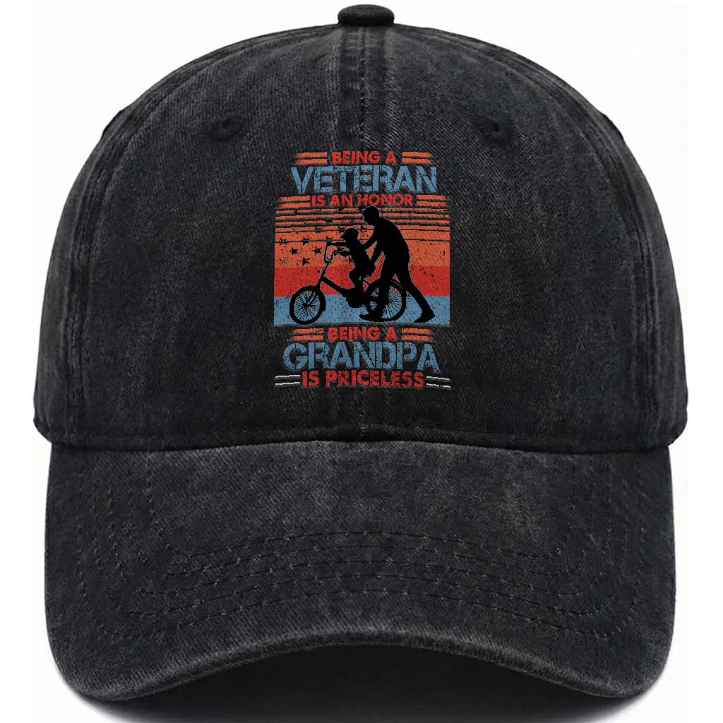 Veteran Grandpa Washed Cotton Baseball Cap Being A Veteran Is An Honor Being A Grandpa Is Priceless TS11 Washed Cap Universal Fit Black Print Your Wear