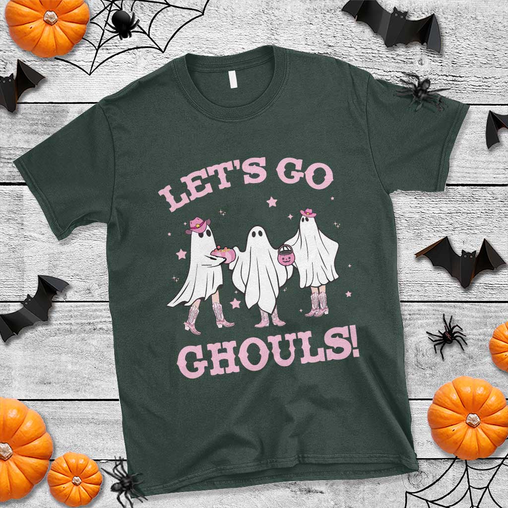 Funny Halloween T Shirt Let's Go Ghouls Cowgirl Western Ghost TS11 Dark Forest Green Print Your Wear