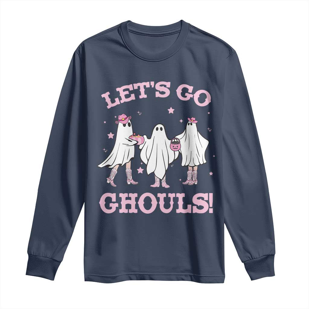 Funny Halloween Long Sleeve Shirt Let's Go Ghouls Cowgirl Western Ghost TS11 Navy Print Your Wear