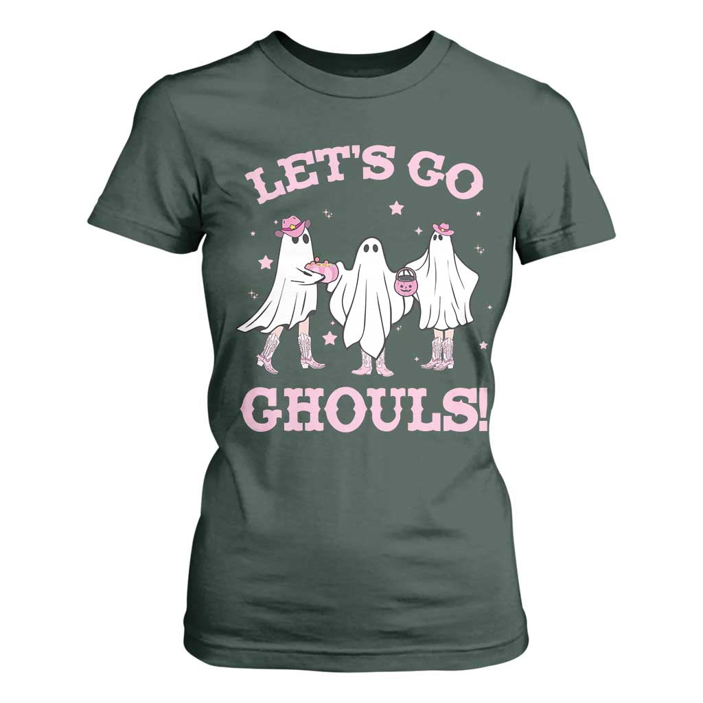 Funny Halloween T Shirt For Women Let's Go Ghouls Cowgirl Western Ghost TS11 Dark Forest Green Print Your Wear