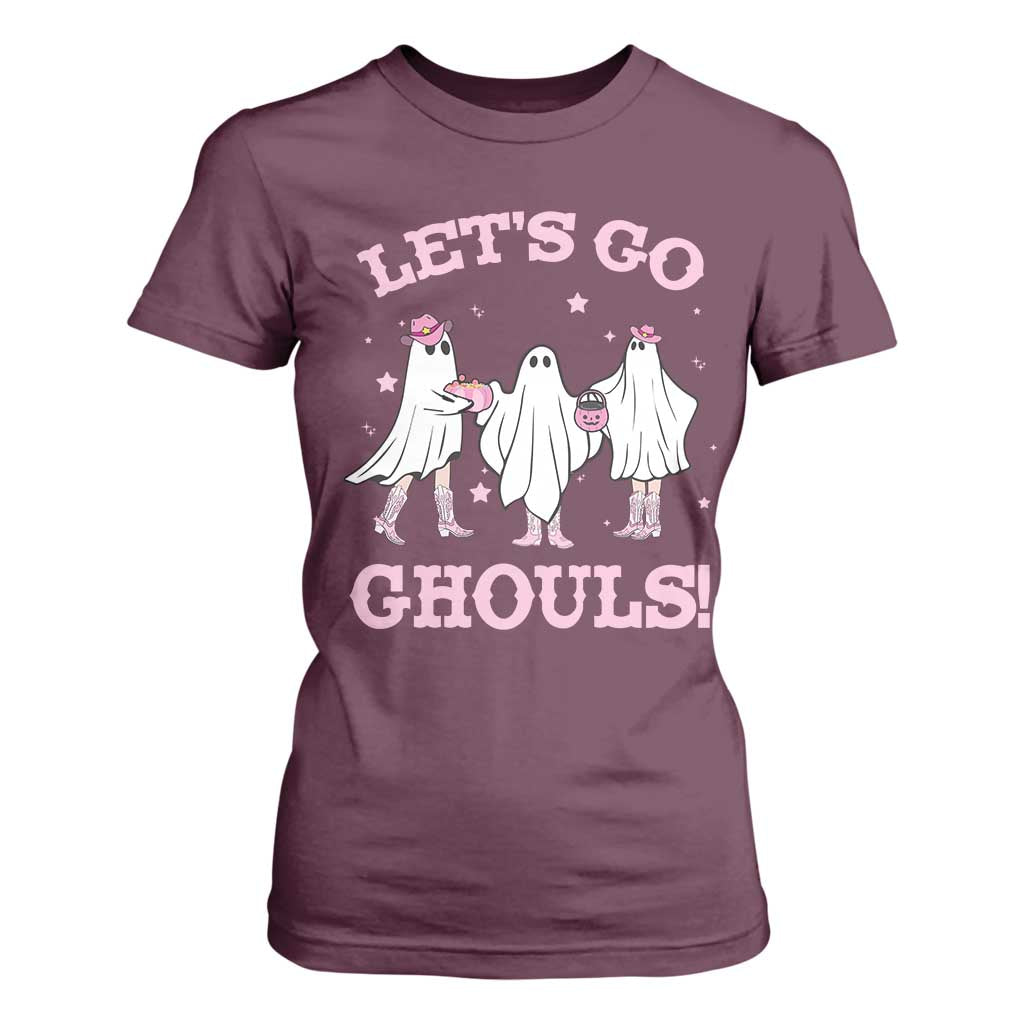 Funny Halloween T Shirt For Women Let's Go Ghouls Cowgirl Western Ghost TS11 Maroon Print Your Wear