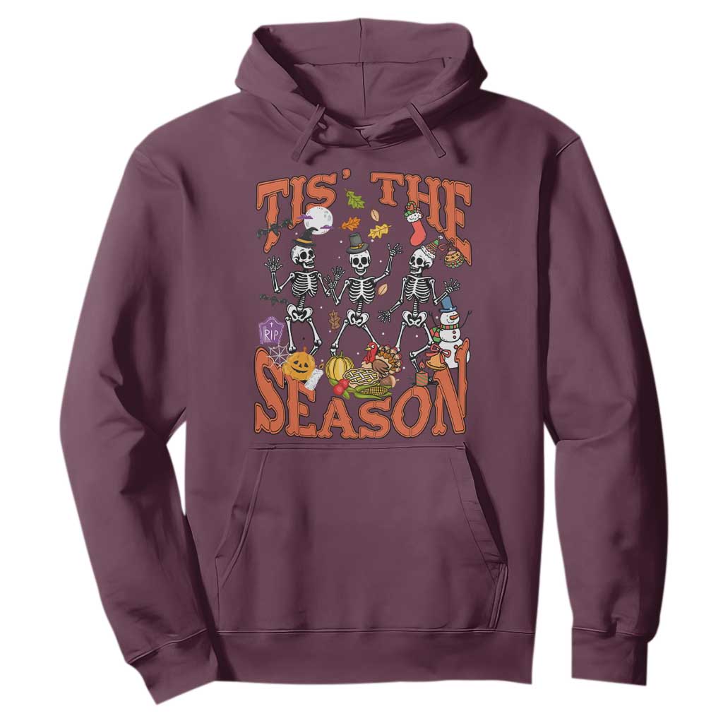 Funny HalloThankMas Hoodie Tis The Season Halloween Thanksgiving Christmas Skeleton TS11 Maroon Print Your Wear