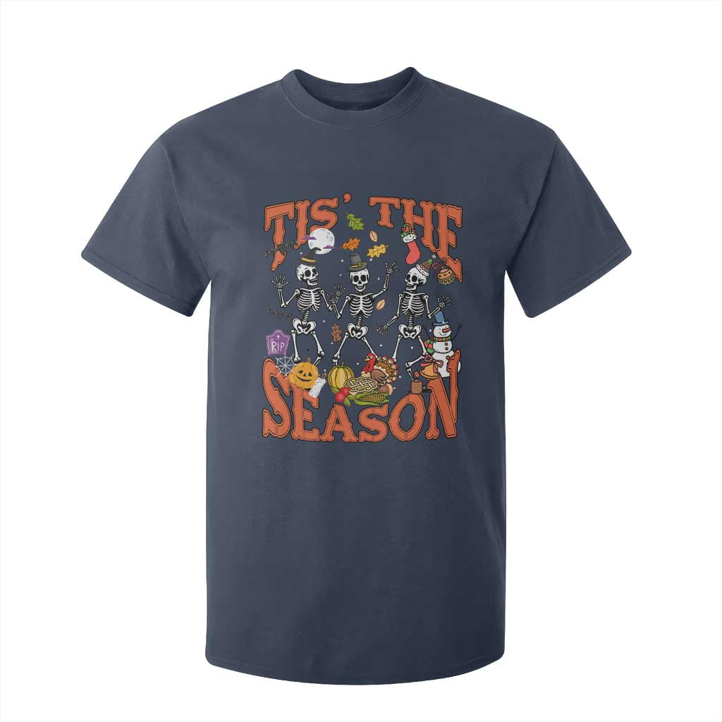 Funny HalloThankMas T Shirt For Kid Tis The Season Halloween Thanksgiving Christmas Skeleton TS11 Navy Print Your Wear