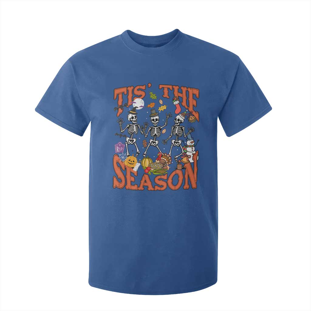 Funny HalloThankMas T Shirt For Kid Tis The Season Halloween Thanksgiving Christmas Skeleton TS11 Royal Blue Print Your Wear