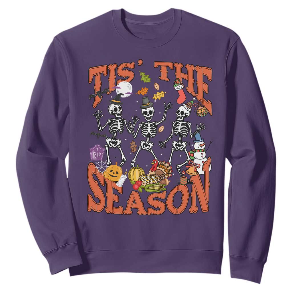 Funny HalloThankMas Sweatshirt Tis The Season Halloween Thanksgiving Christmas Skeleton TS11 Purple Print Your Wear