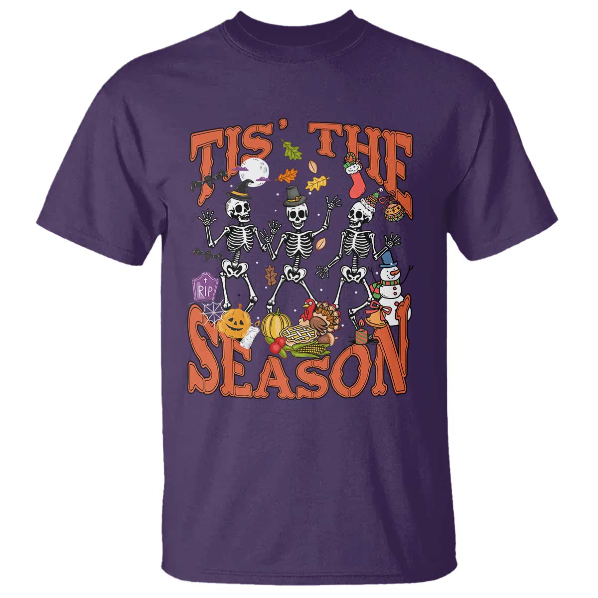 Funny HalloThankMas T Shirt Tis The Season Halloween Thanksgiving Christmas Skeleton TS11 Purple Print Your Wear