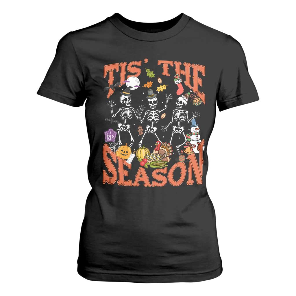 Funny HalloThankMas T Shirt For Women Tis The Season Halloween Thanksgiving Christmas Skeleton TS11 Black Print Your Wear