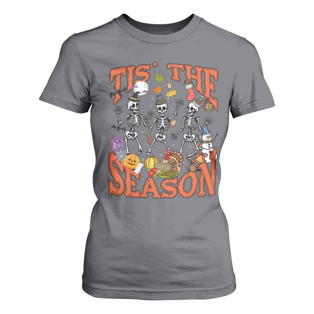 Funny HalloThankMas T Shirt For Women Tis The Season Halloween Thanksgiving Christmas Skeleton TS11 Charcoal Print Your Wear