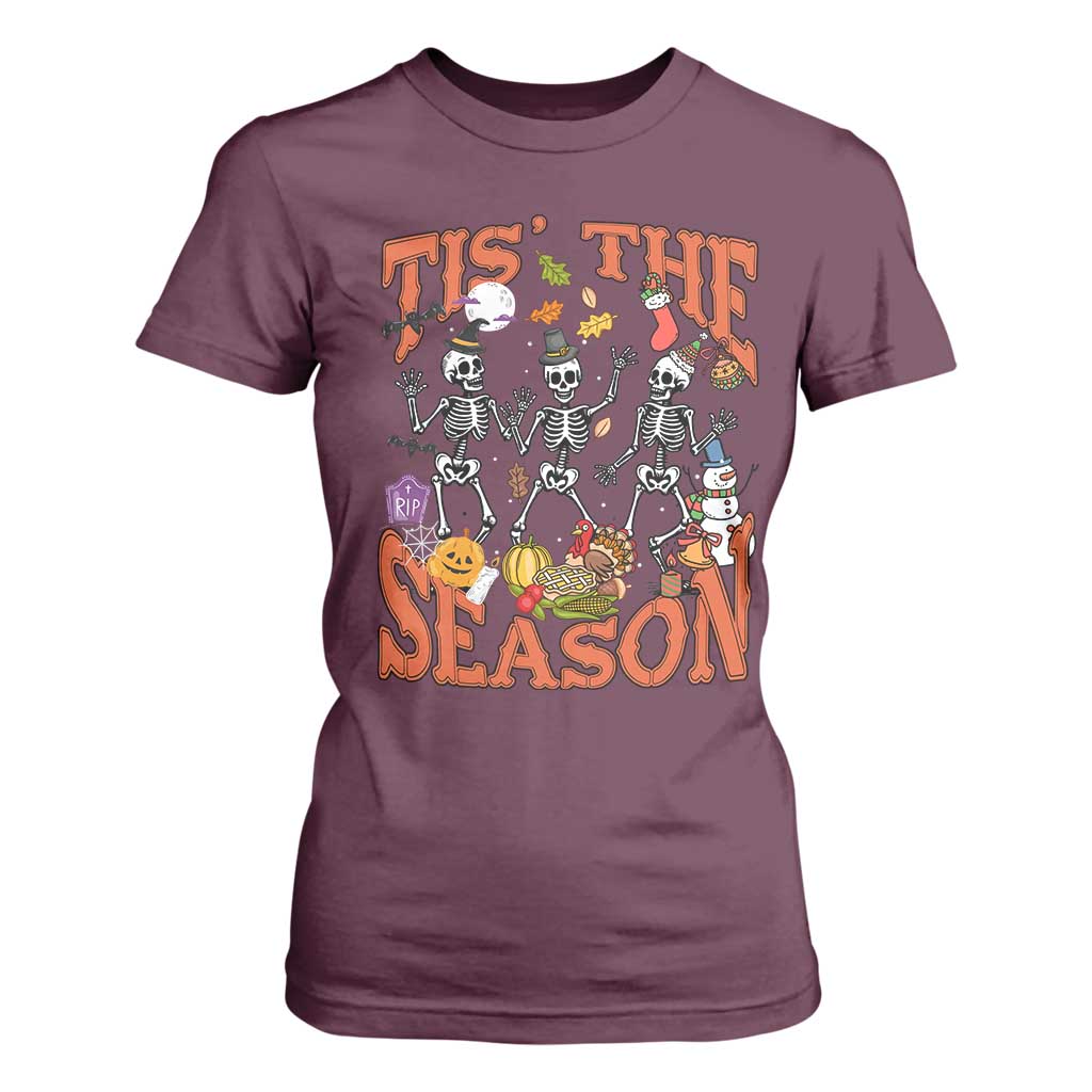 Funny HalloThankMas T Shirt For Women Tis The Season Halloween Thanksgiving Christmas Skeleton TS11 Maroon Print Your Wear
