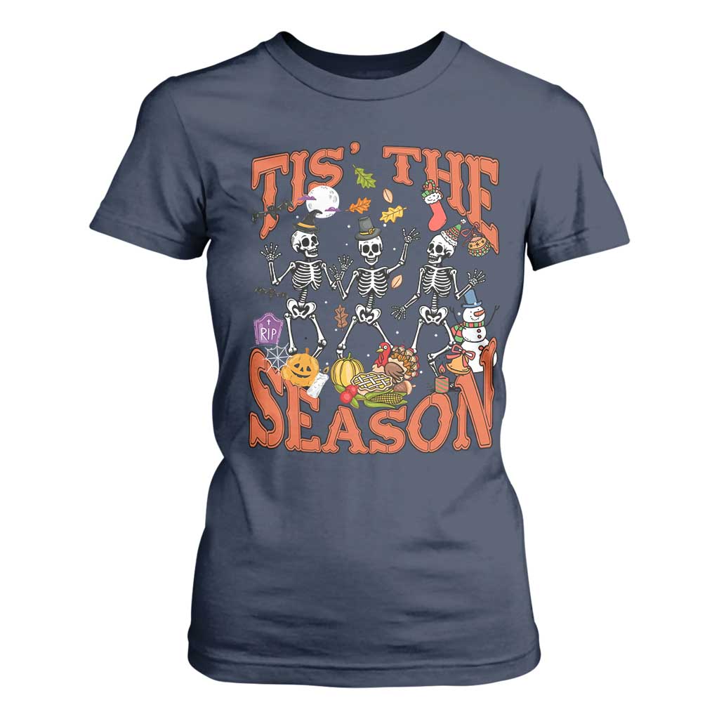 Funny HalloThankMas T Shirt For Women Tis The Season Halloween Thanksgiving Christmas Skeleton TS11 Navy Print Your Wear
