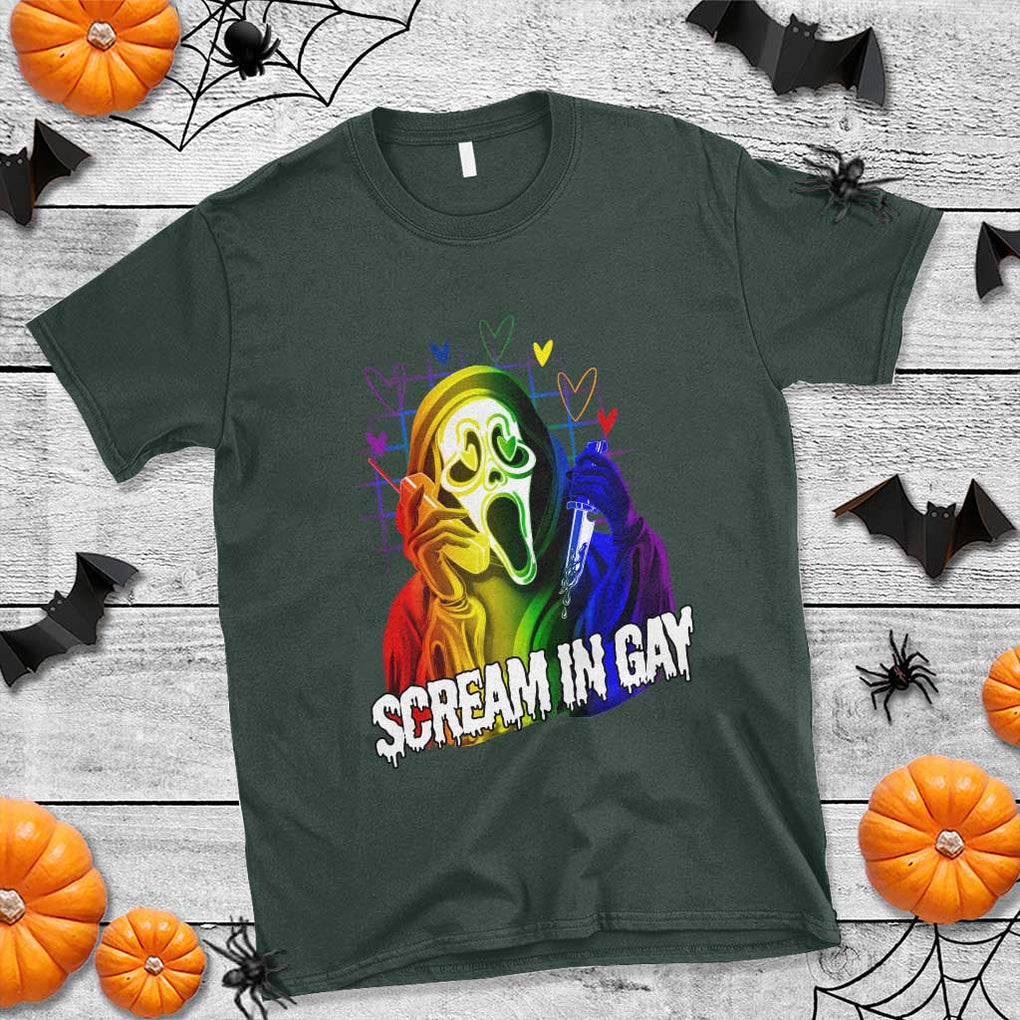 Halloween LGBT T Shirt Scream In Gay Ghost Murderer Rainbow TS11 Dark Forest Green Print Your Wear
