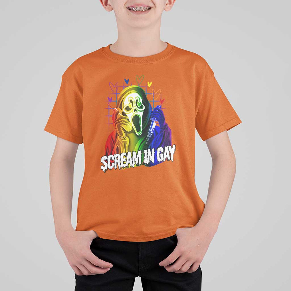 Halloween LGBT T Shirt For Kid Scream In Gay Ghost Murderer Rainbow TS11 Orange Print Your Wear