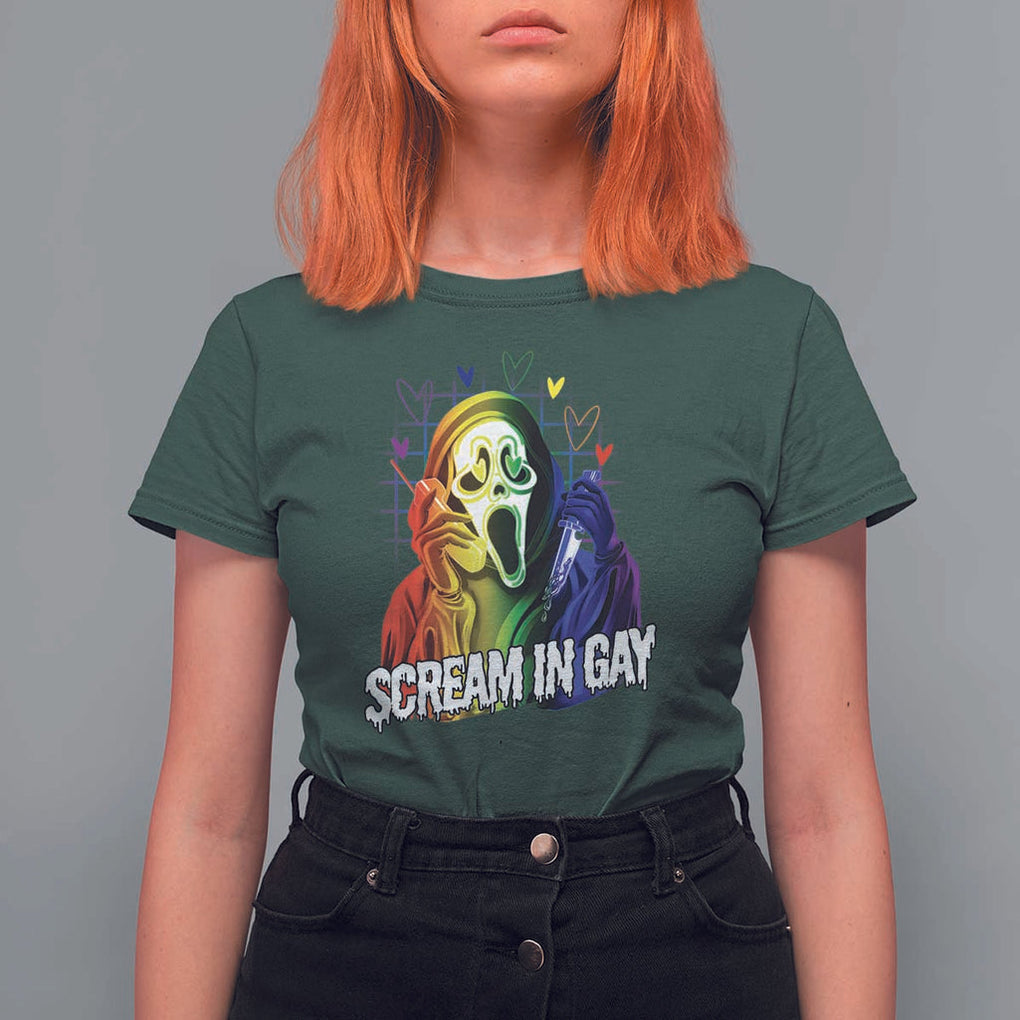 Halloween LGBT T Shirt For Women Scream In Gay Ghost Murderer Rainbow TS11 Dark Forest Green Print Your Wear
