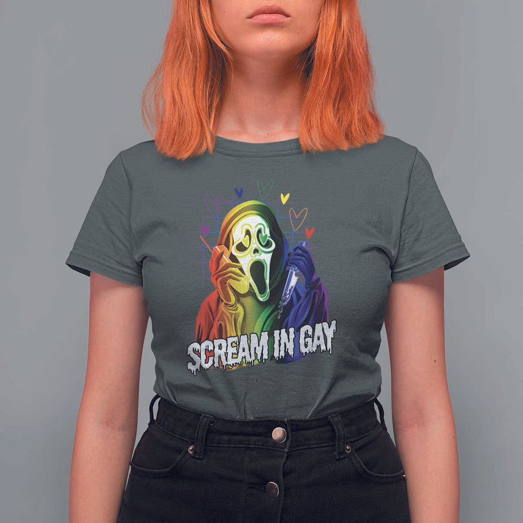 Halloween LGBT T Shirt For Women Scream In Gay Ghost Murderer Rainbow TS11 Dark Heather Print Your Wear