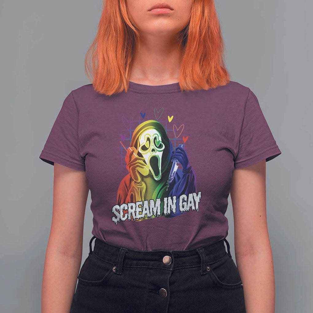 Halloween LGBT T Shirt For Women Scream In Gay Ghost Murderer Rainbow TS11 Maroon Print Your Wear