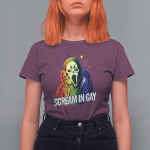 Halloween LGBT T Shirt For Women Scream In Gay Ghost Murderer Rainbow TS11 Maroon Print Your Wear